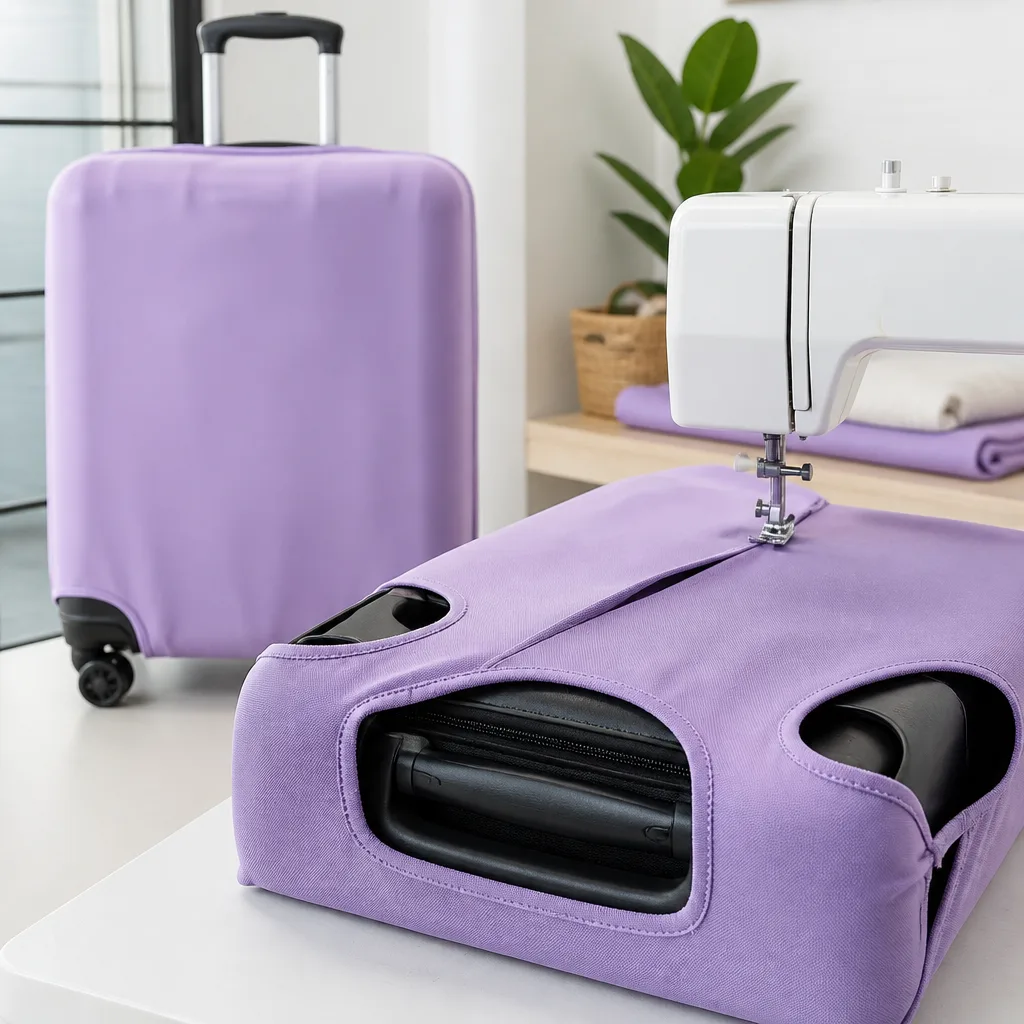 fabric suitcase cover with cut-out opening for handle and wheels on a sewing machine
