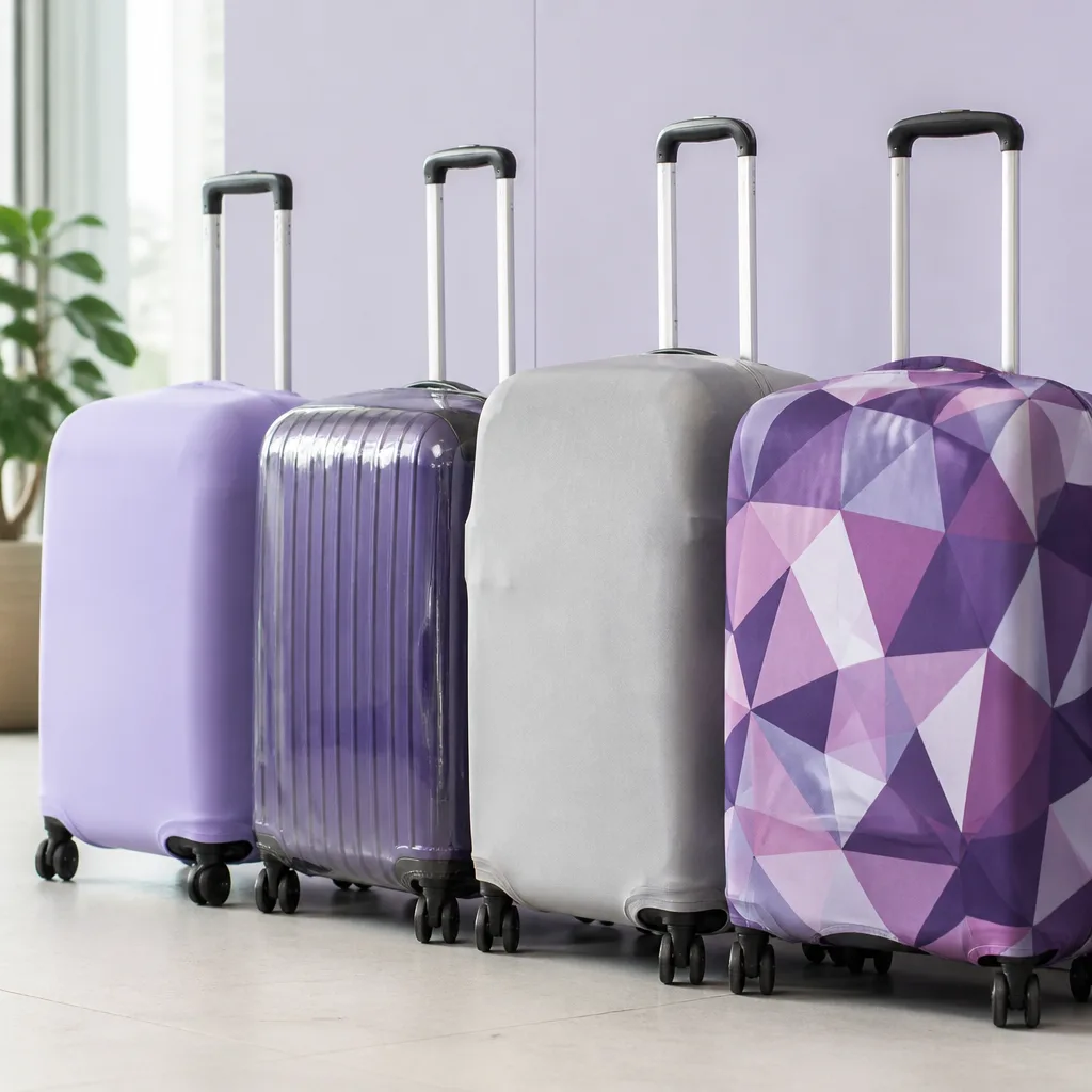 Row of suitcases with different protective covers, elastic, transparent and patterned, standing side by side