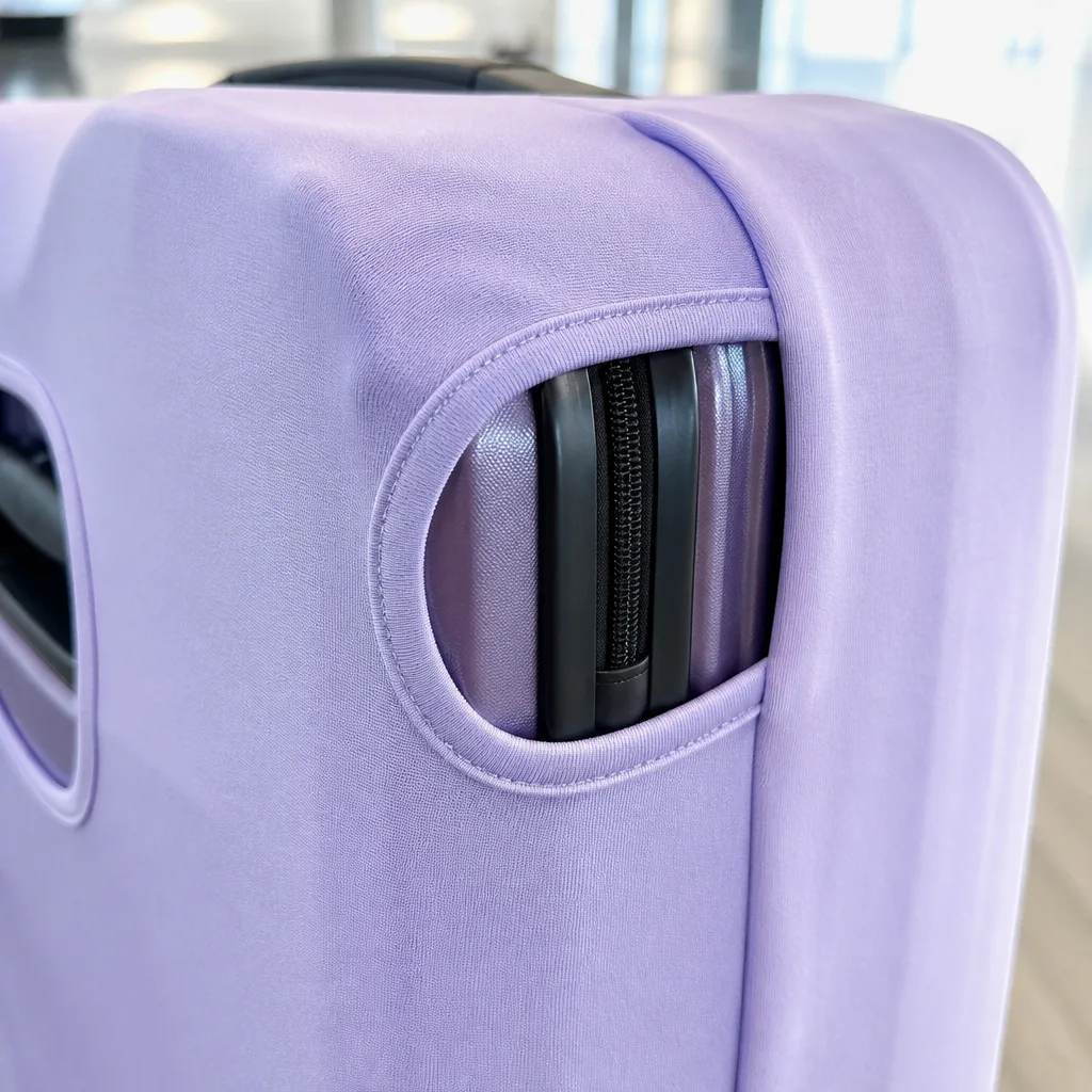 Close-up of a suitcase zipper visible through a cutout in a protective suitcase cover